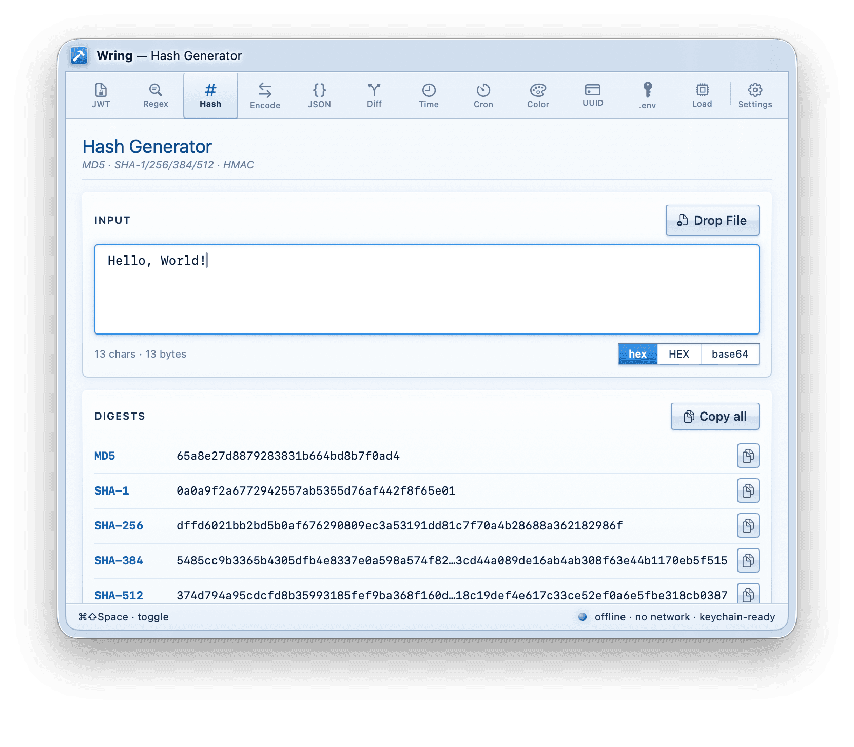 Wring macOS menu bar app showing the Hash Generator tool